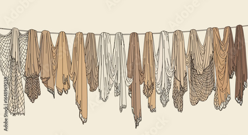 Drying Nets And Clothes On The Clothesline Beige Tones Illustration