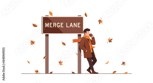 Enjoying Warmth: Man Sipping Coffee Next to Merge Lane Sign in Autumn
