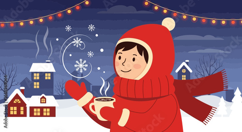 Enjoying Warm Cocoa Under A Winter Night Sky In A Cozy Cartoon Town