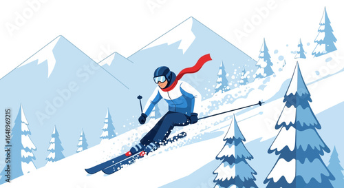 Dynamic Skier Descending Snowy Mountain Slope in Winter Season Scene