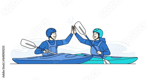 Enthusiastic kayakers celebrating success with a high five on a vibrant river excursion reflecting teamwork and camaraderie in sports