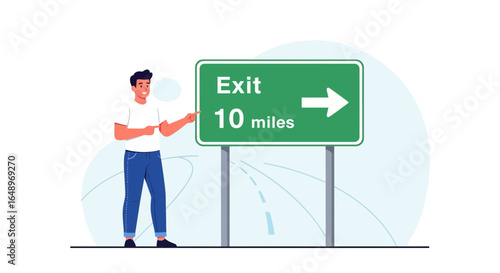 Enthusiastic Traveler Points to Exit Sign Ten Miles Down the Road Ahead