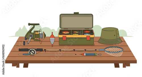 Essential Angling Gear Arranged Nicely On Weathered Wood Table Outdoors