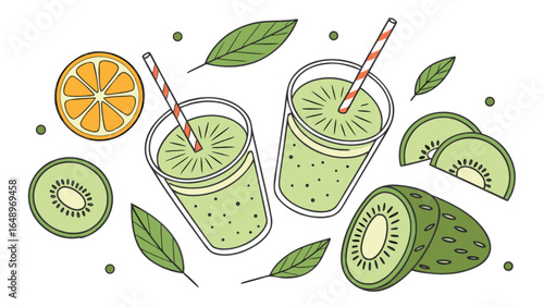 Fresh kiwi and orange smoothie recipe with straw, healthy fruit drink for summer, vegan beverage, 95 chars