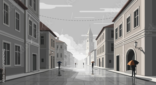 European Cityscape On Rainy Day People With Umbrellas Architecture Outdoors