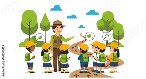 Educational Nature Walk With Park Ranger And Children Cartoon Illustration