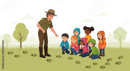 Educational wilderness exploration ranger guiding children through nature discovery and animal track identification learning about wildlife