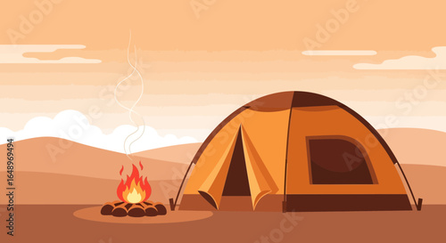 Evening Camp Scene Featuring A Tent And Bonfire With Desert Backdrop