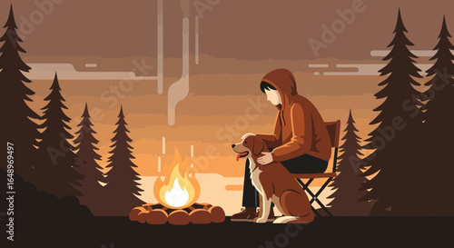 Evening Campfire Scene Of Young Hiker Petting Dog At Campsite In Forest