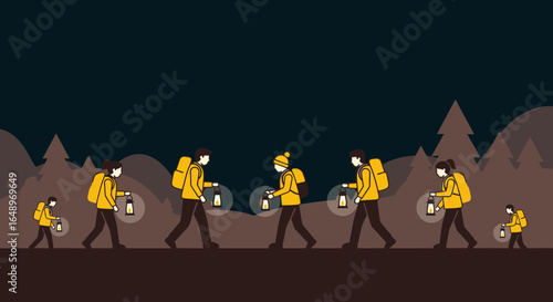 Evening Trek Family Exploration Group Hiking With Lanterns Adventure In Nature