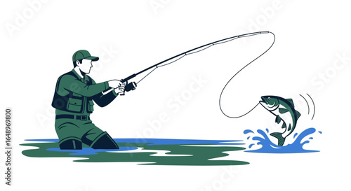 Excited Fisherman Catching A Fish That Is Jumping Out Of The Water