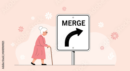 Elderly Woman Near Road Sign Symbolizing Changes in Life Journey Concept