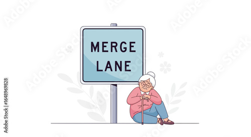 Elderly Woman Resting By the Merge Lane Sign Depicting Metaphorical Life Challenges