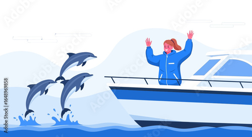 Excited Woman Enjoying Dolphin Watching From a Boat On Vacation Day