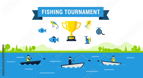 Exciting Fishing Tournament Illustration Featuring Anglers Competition and Golden Trophy