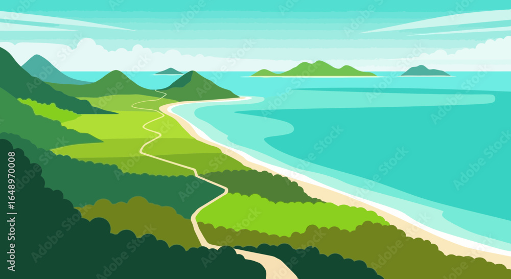 Exotic Coastal Landscape With Green Mountains And Turquoise Ocean View Exotic Coastal Landscape With Green Mountains And Turquoise Ocean View