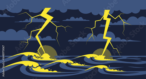 Electric Outbursts Striking Sea During Stormy Weather With Waves And Dark Blue Sky