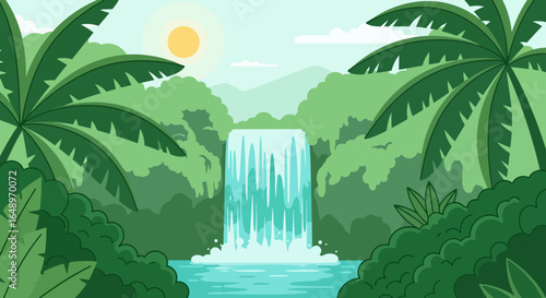Exotic Jungle Waterfall Scenery With Lush Greenery And Tropical Climate