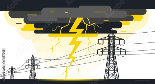 Electric Power Transmission Towers During Stormy Weather With Lightning Strike