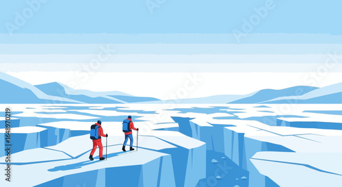 Explorers Traverse Frozen Landscape Trekking Across Cracked Glacier