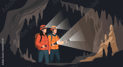 Explorers venturing into mysterious underground cave illuminated by flashlights and headlamps discovering secrets hidden within the dark cavern