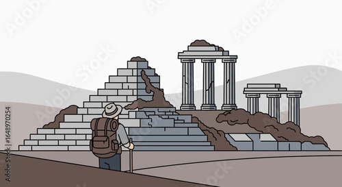 Exploring Ancient Wonders A Tourist Visits Ruins Of Old Civilization With Columns
