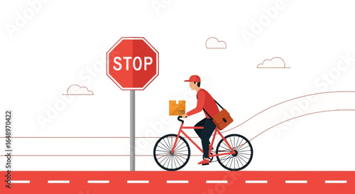 Express Delivery By Bicycle With Stop Sign On The Road City Illustration
