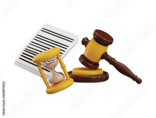 Court document icon 3d render concept of justice gavel with hourglass and 3d document paper icon law office legal judgement icon vector illustration