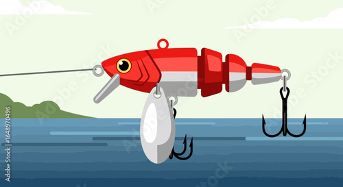 Eye Catching Red Fishing Lure Floating In The River Cartoon Illustration