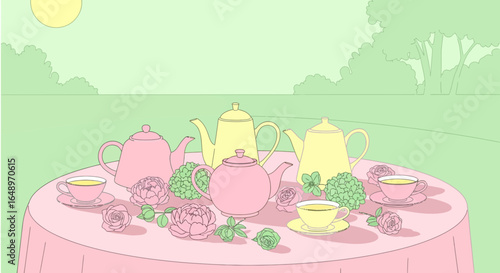 Elegant Afternoon Tea Party Illustration With Delicate Floral Arrangements