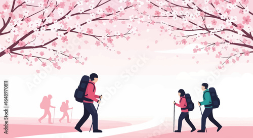 Family Adventure Trek Through A Blossoming Landscape In The Spring Season