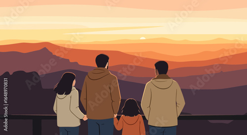 Family Bonding Admiring The Beautiful Mountain Range Sunset Together In Harmony