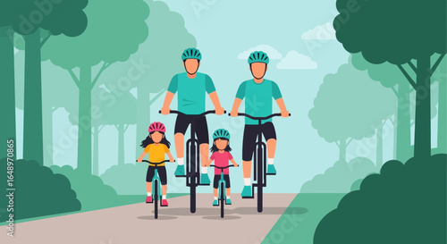 Family Cycling Adventure Together Through Forest On Holiday In Summer