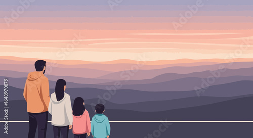 Family Embracing Nature's Beauty and Serenity Together at Dusk or Dawn