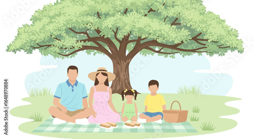 Family enjoy summer picnic with kids under big tree on lawn with a picnic basket