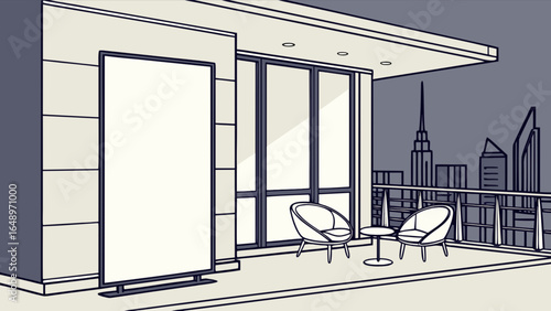 Modern apartment balcony with city view and blank advertising billboard mockup for promotion design, 95 characters
