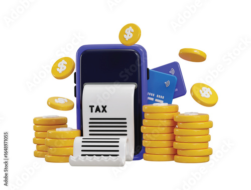 Tax bill on smartphone online banking icon 3d render concept of online tax payments on Public Finance Audit, Online banking and finance calculation icon vector illustration