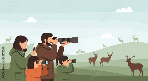 Family Nature Outing Watching Wild Deer In Field With Camera And Binoculars