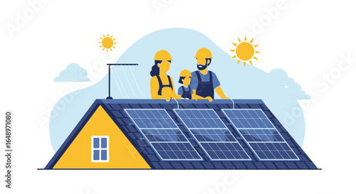 Family on rooftop installing solar panels in a sustainable energy vector illustration promoting clean energy and eco friendly living