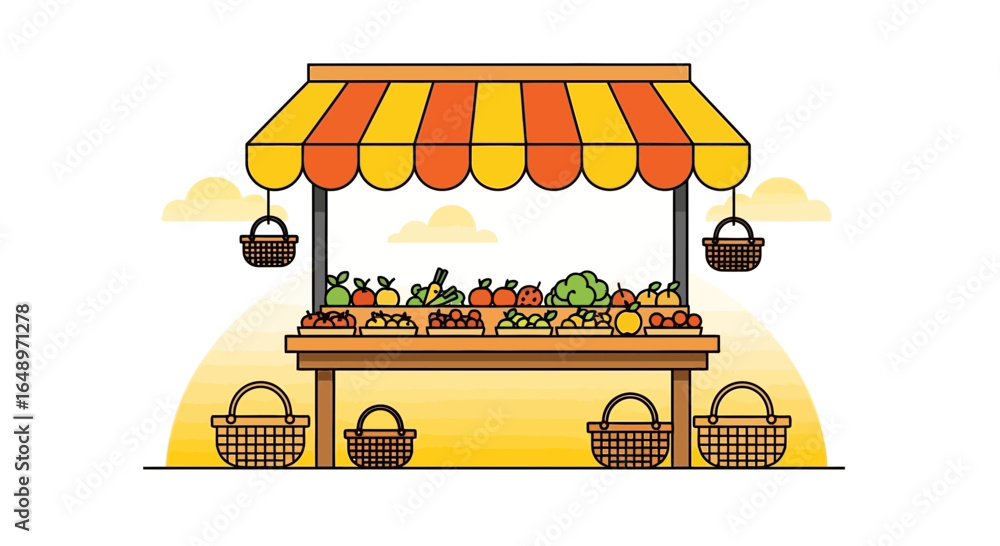 Fototapeta premium Farm Fresh Market Stall Illustration With Diverse Fruits And Vegetables