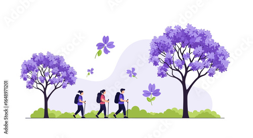 Family Trekkers Discovering Nature Scenery With Blooming Jacaranda Trees