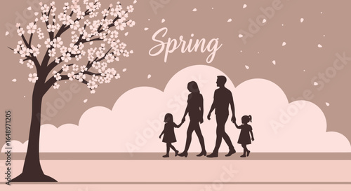 Family Stroll Under Blooming Cherry Blossoms In Spring Silhouette Illustration