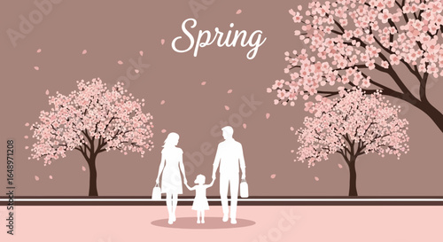 Family Stroll Amidst Cherry Blossoms A Serene Springtime Scene Illustration