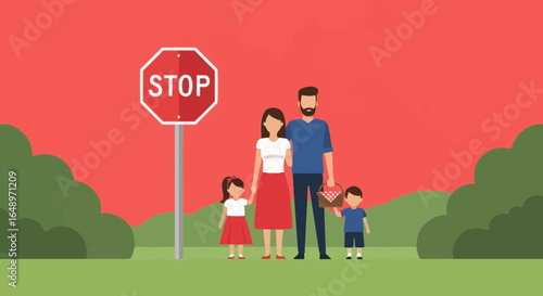 Family Trip Interrupted By Stop Sign, Cartoon Characters on Landscape