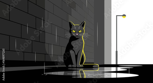 Elegant Feline Observes Rainy Night Black Cat Sits near the Wall with Reflection