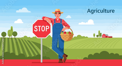 Farm Harvest Time Young Farmer With Fresh Crop Next A Stop Sign