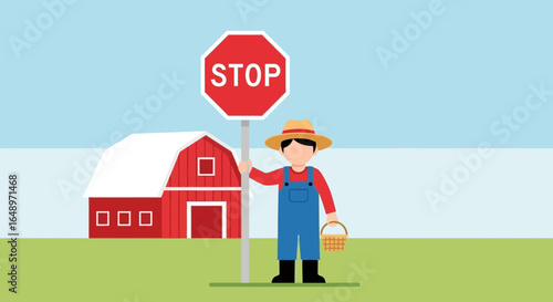 Farmer Holding Stop Sign Near Barn On Beautiful Farm Flat Vector Design