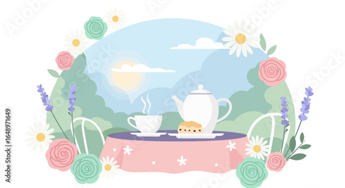 Elegant Garden Tea Party Arrangement With Flowers And Pastries In Pastel Colors