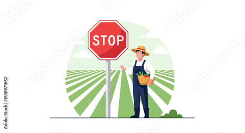 Farmer Stands Next To Stop Sign On Field With Organic Veggies