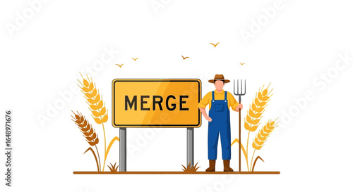 Farmer Stands Near Merge Sign With Wheat Stocks Illustration Scene